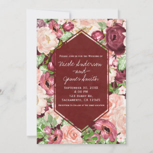 Invitation Mariage Floral Rustique Bordeaux Marron Marsala