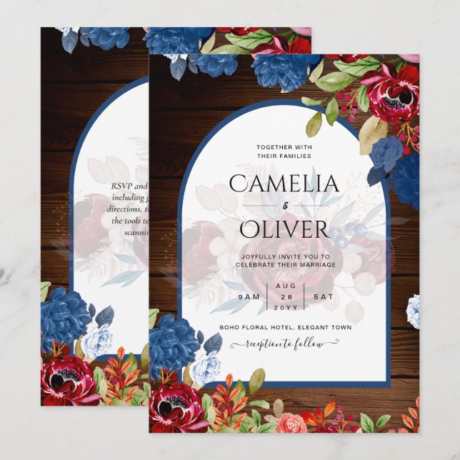 Invitation Mariage Floral Rustique Bourgogne Bleu (Devant / Derrière)