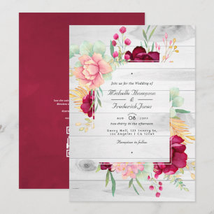 Invitation Mariage Floral Rustique Bourgogne et Rose avec QR