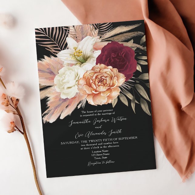 Invitation Mariage Floral Rustique Bourgogne Noir (Créateur téléchargé)