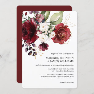 Invitation Mariage Floral Rustique Burgundy en or