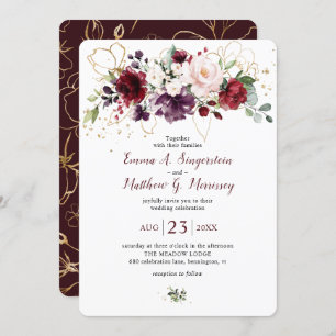 Invitation Mariage Floral Rustique Burgundy en or