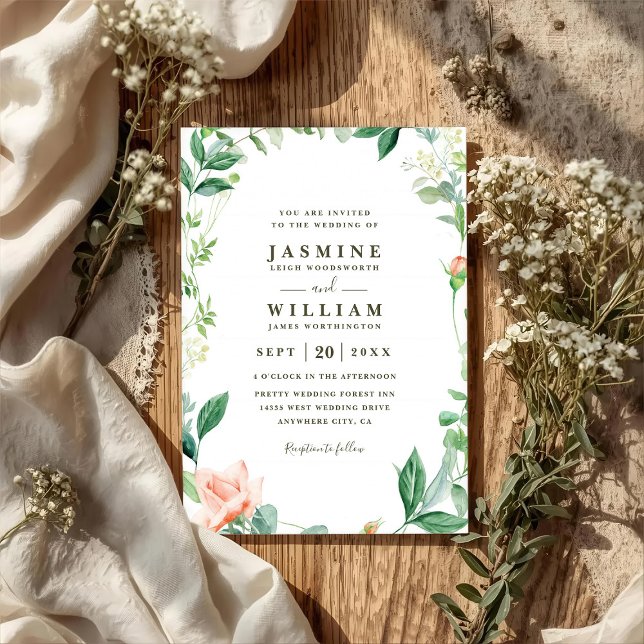 Invitation Mariage Floral Rustique Code QR Pêche et Verdure (Créateur téléchargé)