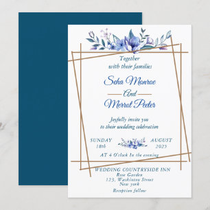 Invitation mariage floral rustique de couleur bleu marine
