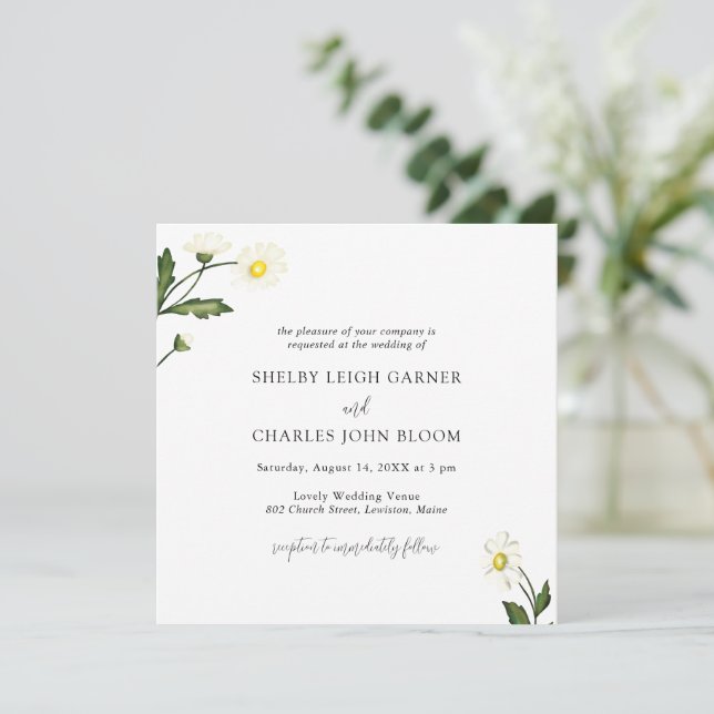 Invitation Mariage floral rustique de marguerite blanche (Debout devant)