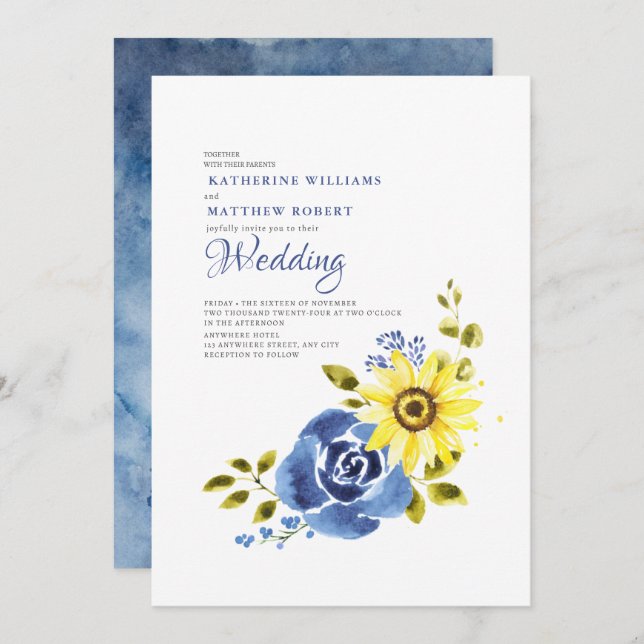 Invitation Mariage floral rustique de tournesol bleu marine (Devant / Derrière)