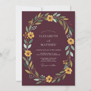 Invitation Mariage Floral Rustique Doré Bordeaux