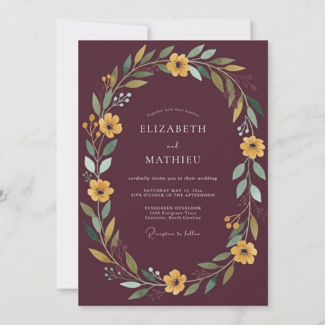 Invitation Mariage Floral Rustique Doré Bordeaux (Devant)