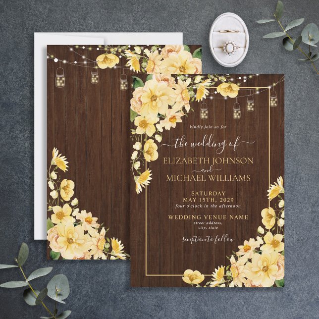 Invitation Mariage floral rustique en bois jaune (Créateur téléchargé)