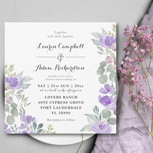 Invitation Mariage Floral Rustique Eucalyptus Aquarelle Viole (Créateur téléchargé)