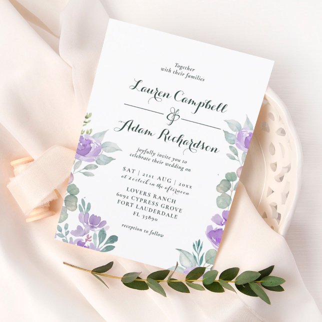 Invitation Mariage Floral Rustique Eucalyptus Violet (Créateur téléchargé)