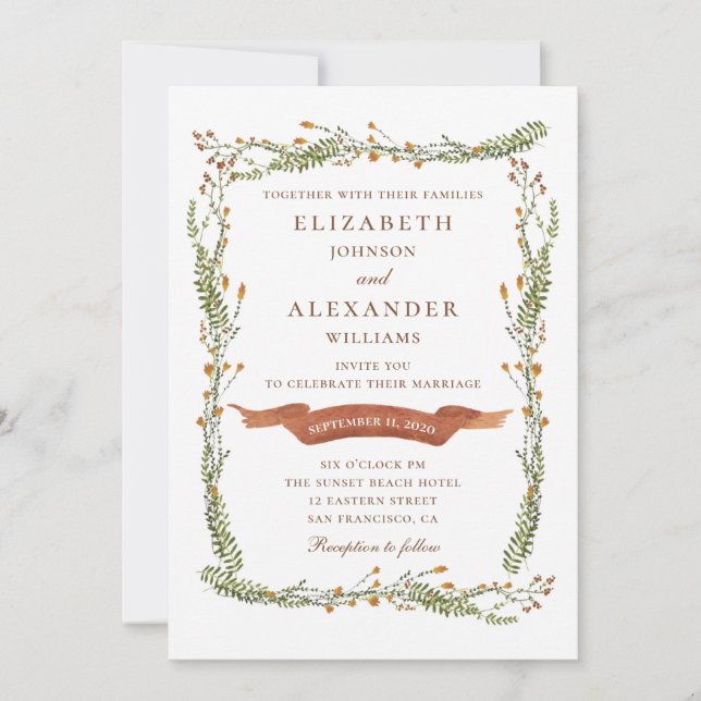 Invitation Mariage floral rustique. Fleurs champêtres. Botani (Devant)