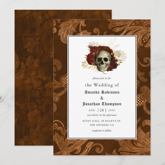 Invitation Mariage Floral Rustique Gothique Damassé (Devant / Derrière)