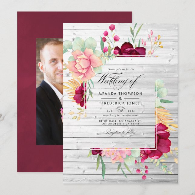 Invitation Mariage Floral Rustique Grange Bourgogne et Rose (Devant / Derrière)