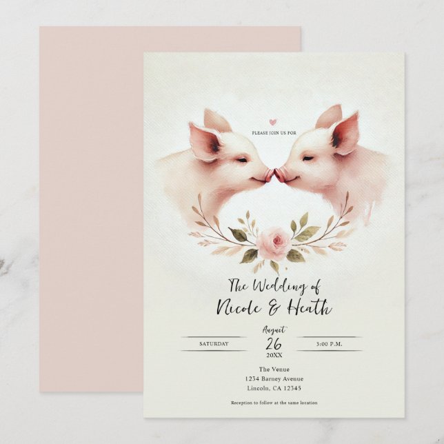 Invitation Mariage Floral Rustique Groins de Cochons Roses Ne (Devant / Derrière)