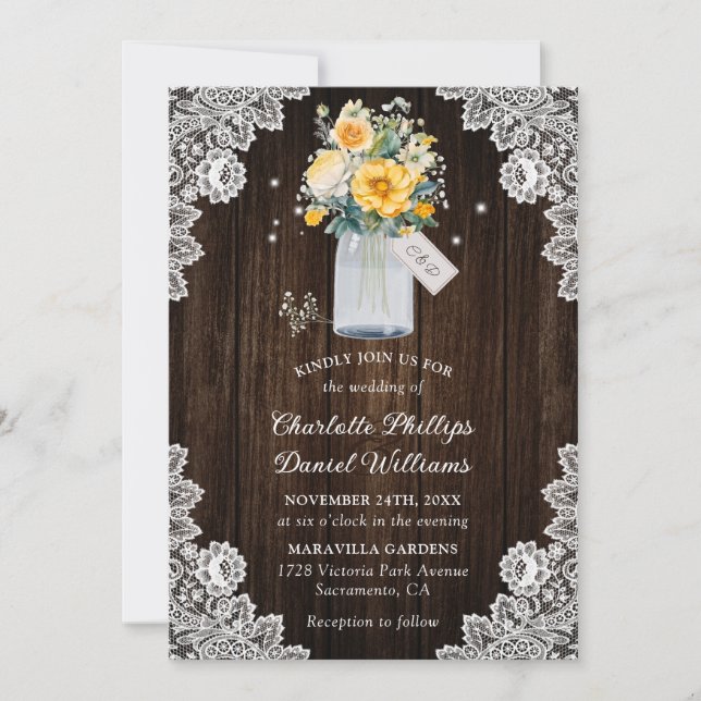 Invitation Mariage floral rustique jaune (Devant)