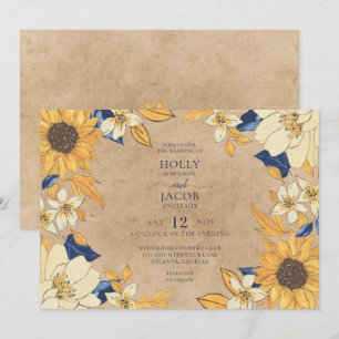 Invitation Mariage Floral Rustique Kraft Tournesol Bleu Jaune
