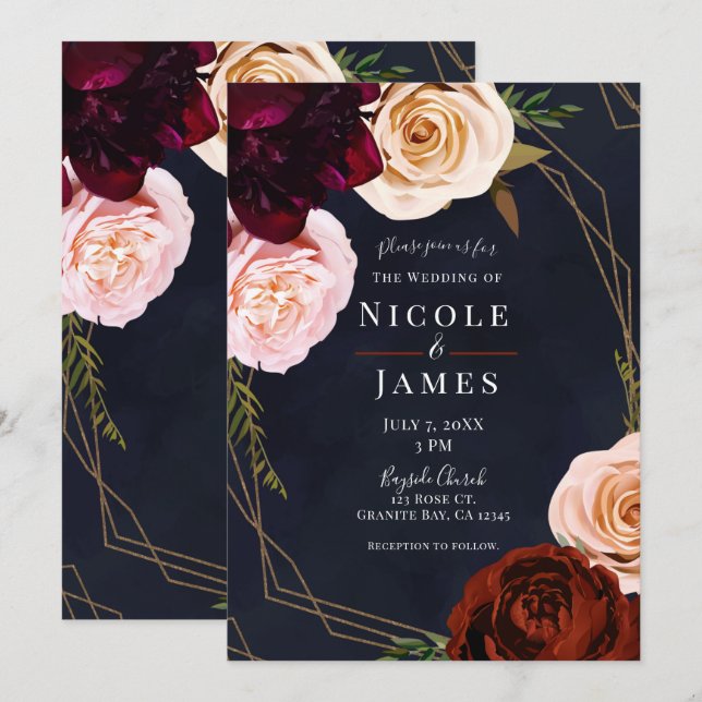 Invitation Mariage Floral Rustique Moderne Bleu Foncé & Or (Devant / Derrière)