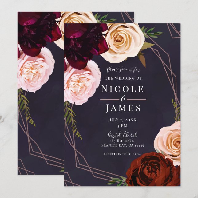 Invitation Mariage Floral Rustique Moderne Or Rose Violet Pru (Devant / Derrière)