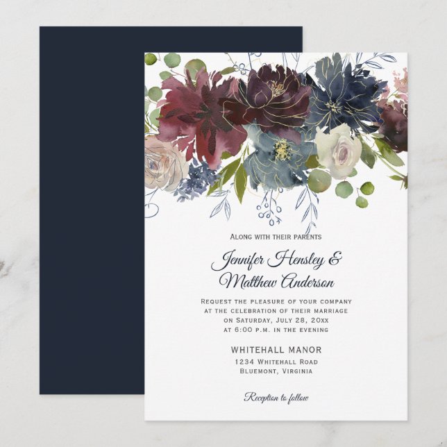 Invitation Mariage Floral Rustique Navy Bourgogne Marsala Or (Devant / Derrière)