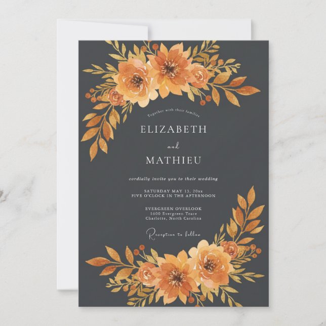 Invitation Mariage Floral Rustique Orange Brûlé (Devant)