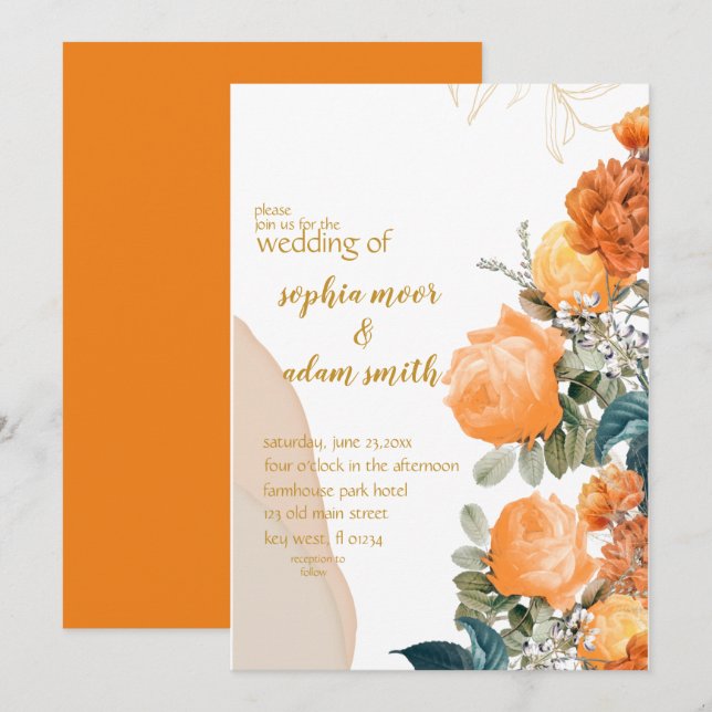 Invitation Mariage floral rustique orangé de Boho neutre (Devant / Derrière)