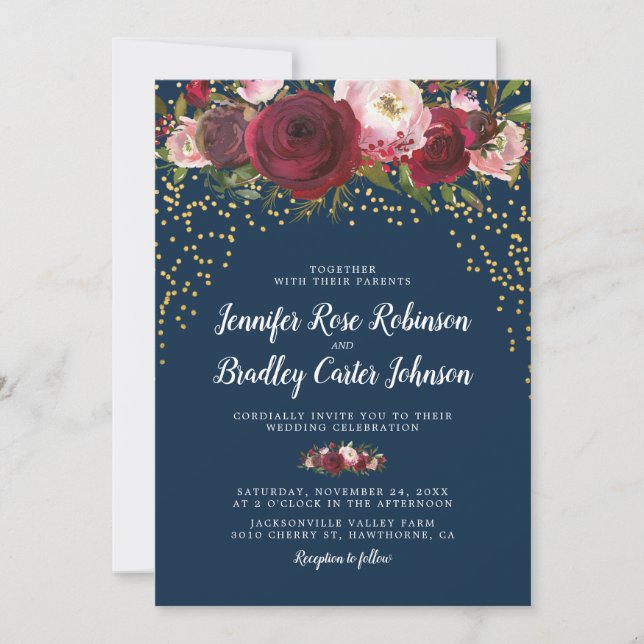 Invitation Mariage floral rustique rose burgogne et marine (Devant)