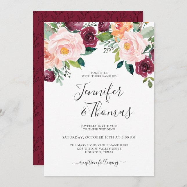 Invitation Mariage floral rustique rose et bourgogne (Devant / Derrière)