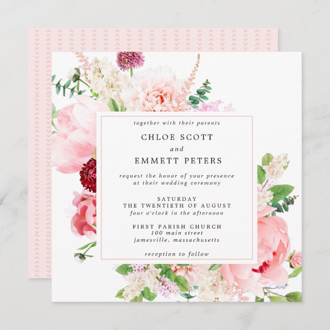 Invitation Mariage floral Rustique rose Peony (Devant / Derrière)