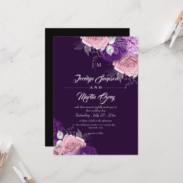 Invitation Mariage Floral Rustique Rose Violet & Argent  (Devant/Arrière en situation)