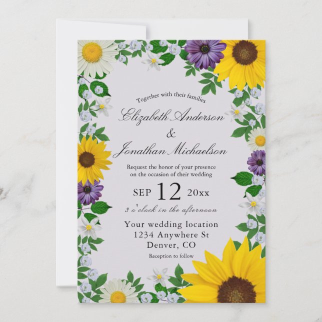 Invitation Mariage floral rustique Tournesol Daisy (Devant)
