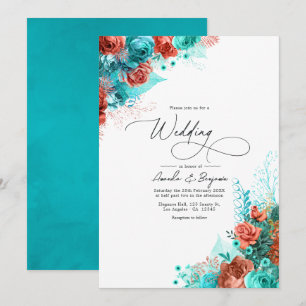 Invitation Mariage Floral Rustique Turquoise et Corail