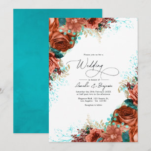 Invitation Mariage Floral Rustique Turquoise et Corail