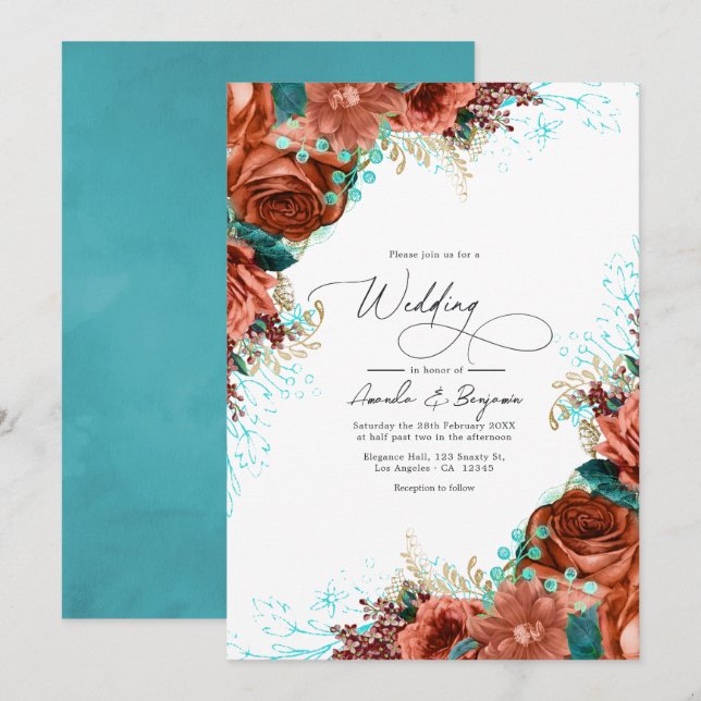 Invitation Mariage Floral Rustique Turquoise et Corail (Devant / Derrière)