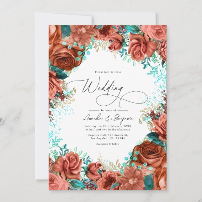 Invitation Mariage Floral Rustique Turquoise et Corail (Devant)