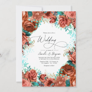 Invitation Mariage Floral Rustique Turquoise et Corail