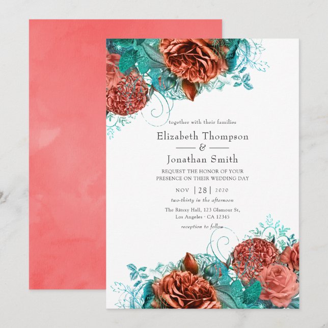 Invitation Mariage Floral Rustique Turquoise et Corail Vivant (Devant / Derrière)