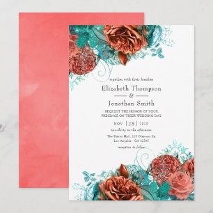 Invitation Mariage Floral Rustique Turquoise et Corail Vivant