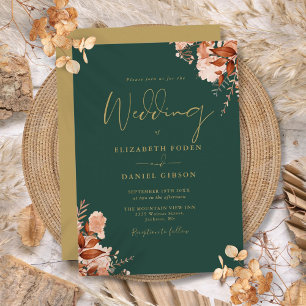 Invitation Mariage Floral Rustique Vert Émeraude Et Or