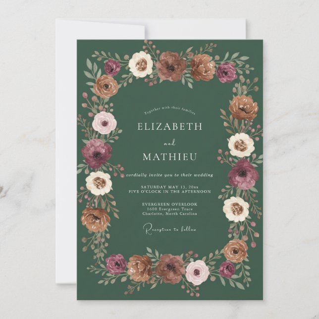Invitation Mariage Floral Rustique Vert Profond (Devant)