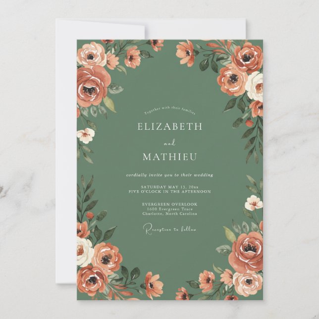 Invitation Mariage Floral Rustique Vert Sauge (Devant)