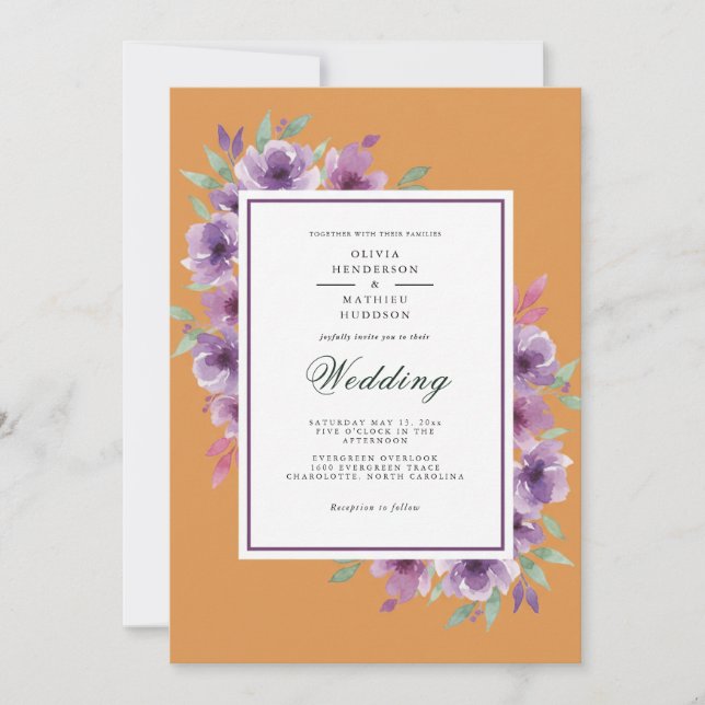 Invitation Mariage Floral Rustique Violet (Devant)