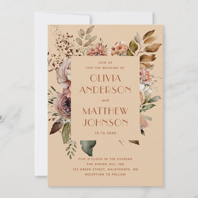 Invitation Mariage Floral Sable Pêche. Jardin Rustique d'Auto (Devant)