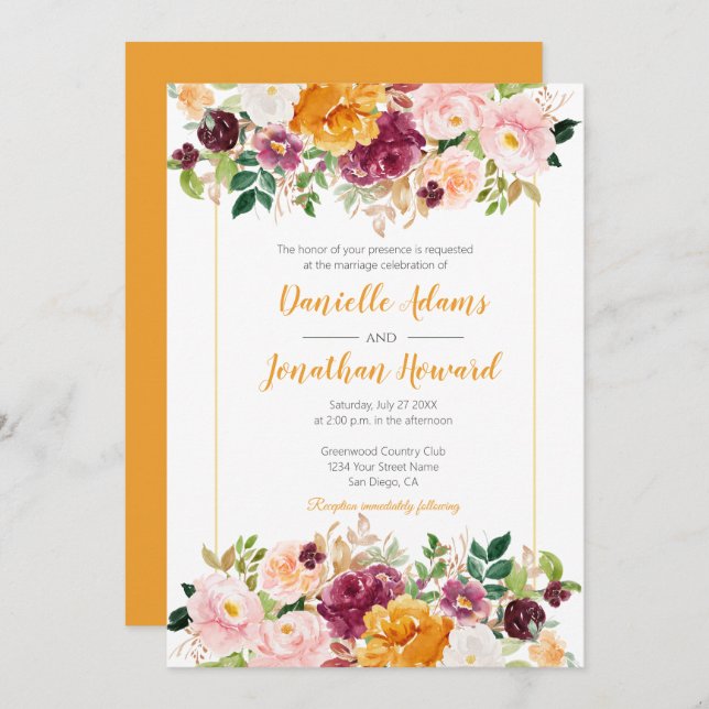 Invitation Mariage floral safran Bourgogne rose (Devant / Derrière)