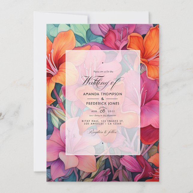 Invitation Mariage floral Sage, Orange et Fuschia (Devant)