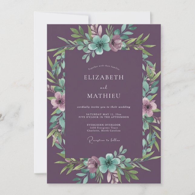 Invitation Mariage Floral sarcelle Deep Purple (Devant)