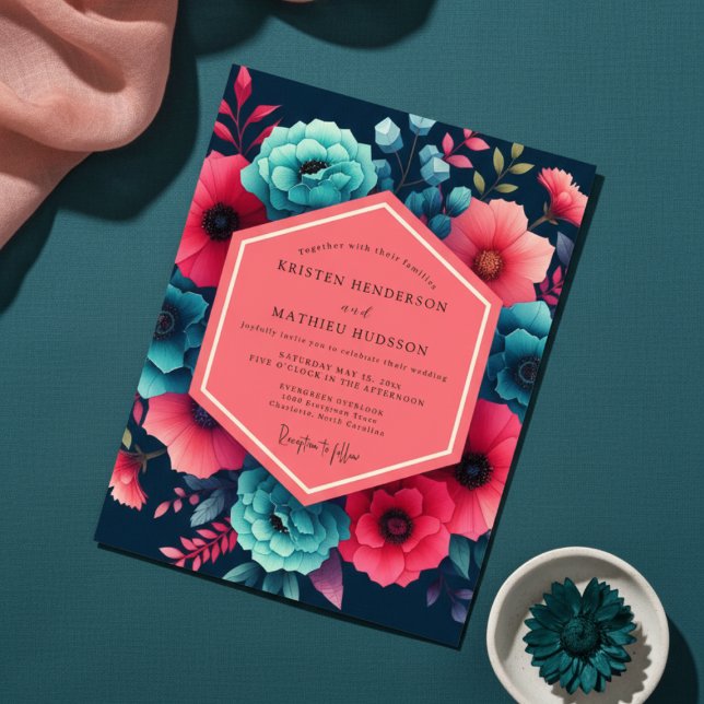 Invitation Mariage floral sarcelle d'humeur (Créateur téléchargé)
