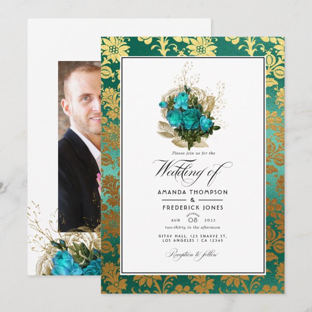 Invitation Mariage Floral Sarcelle Doré - Turquoise et Or (Devant / Derrière)