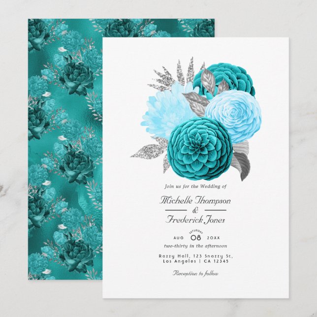 Invitation Mariage floral sarcelle et argent (Devant / Derrière)
