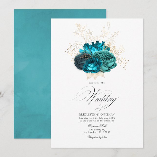 Invitation Mariage floral sarcelle et or (Devant / Derrière)